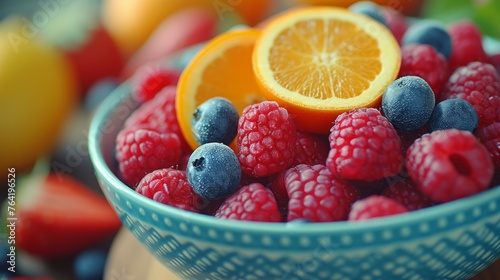  A bowl brimming with raspberries  oranges  and blueberries  topped off with an orange slice