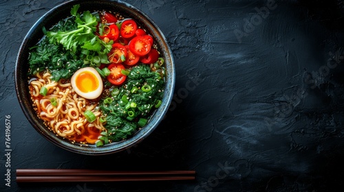  A bowl of ramen in front of a black backdrop, with chopsticks and an egg boiled to perfection