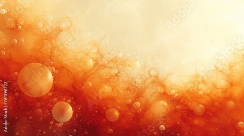  A lot of bubbles floats atop a reddish-yellow fluid containing orange-white bubbles against a yellow-white backdrop