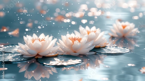  A cluster of whitewater lilies bobbing atop a watery expanse, surrounded by droplets