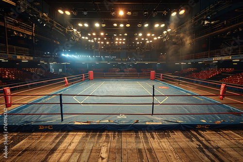 Empty boxing ring from top of tribune. Professional boxing arena for fight competition. Generative AI © Wida