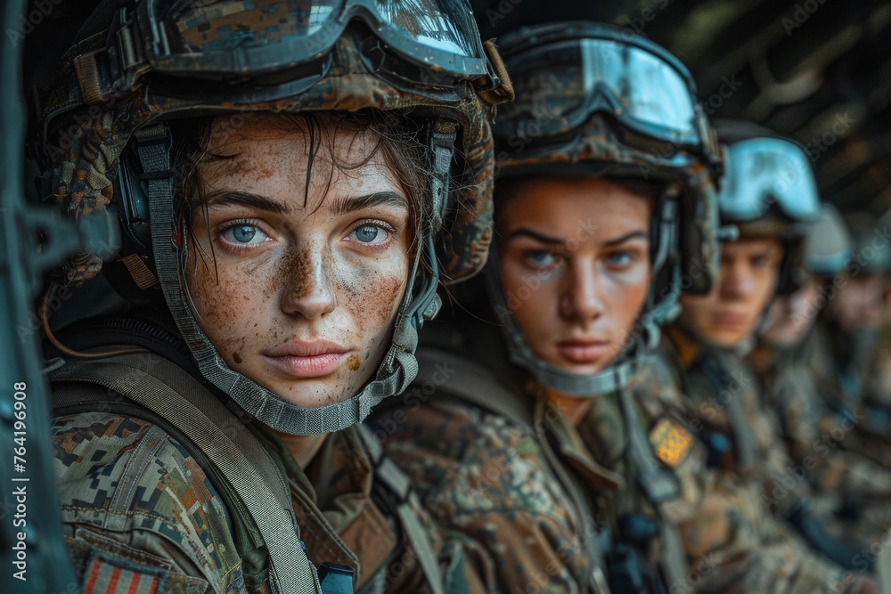 A line of female soldiers showing resolve and focus with tactical gear and helmets, exemplifying military unity and strength A line of female soldiers showing resolve and focus with tactical gear and helmets, exemplifying military unity and strength