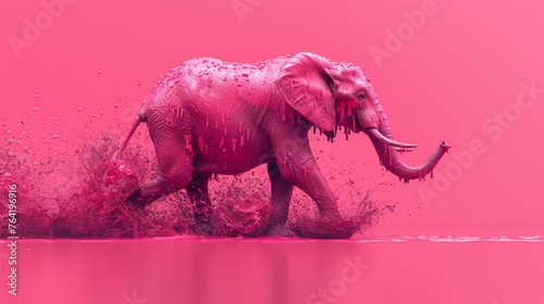  A pink elephant is splashing in the water, with its trunk lifted high
