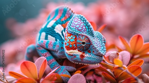  A chameleon with flowers in the foreground and a blurred background