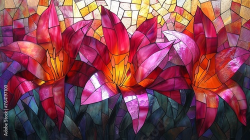  A close-up of a stained-glass window, adorned with blooming flowers, set against a blue sky backdrop photo