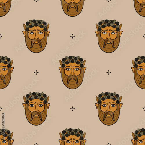 Seamless ethnic pattern with antique masks of god Bacchus. Bearded horned male face wearing grape wreath.