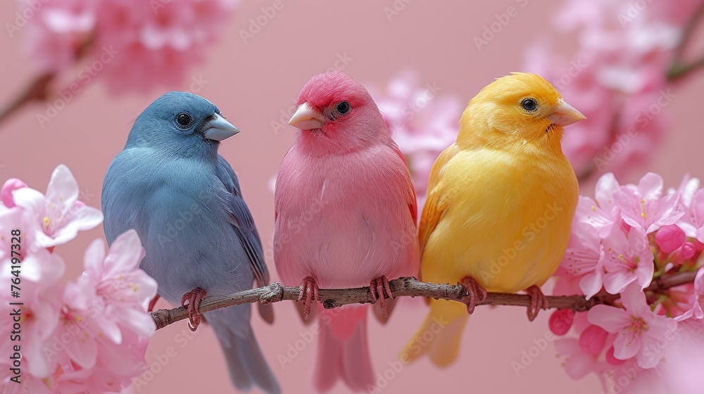  Three birds perched on a tree's branch, surrounded by pink blossoms, against a pink backdrop