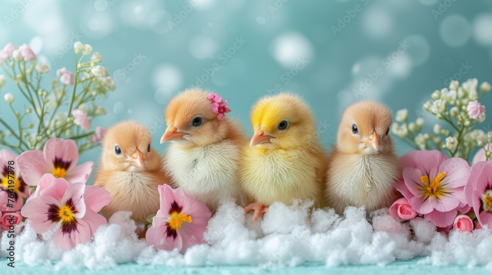 A flock of tiny chicks perched together atop a mound of soft pink and white blossoms