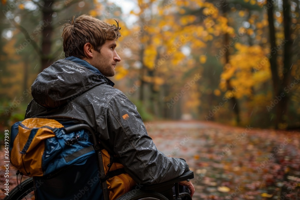 An adventurous spirit refracted by a person with a backpack sitting in a wheelchair amidst a forest path An adventurous spirit refracted by a person with a backpack sitting in a wheelchair amidst a forest path