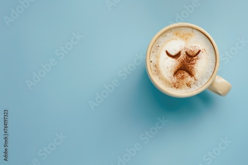 Cup of cappuccino with a sad face design in cinnamon, conveying a creative yet melancholic mood on a blue background - AI generated