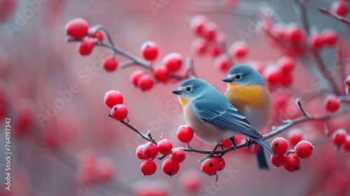  A few birds perched atop a red-berry-laden tree with berries dangling from its limbs