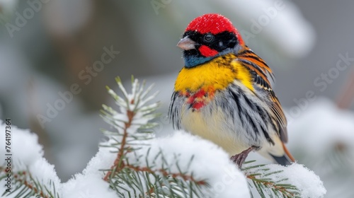  Colorful bird perched on pine branch, snowy with red, yellow, blue flecks