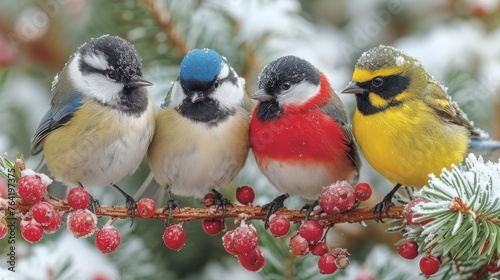  Three birds perched on a snow-covered tree branch, amidst berries, in front of a pine tree