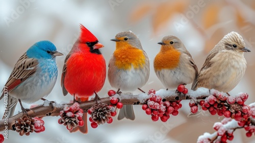  A flock of avians sat atop a tree limb, surrounded by red berries and fallen pine nuts, against a white winter backdrop