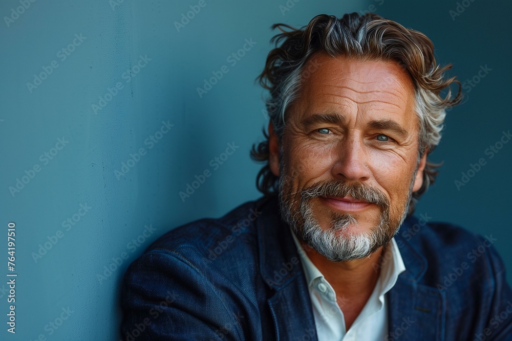 Portrait of a confident middle-aged gentleman in suit looking at camera against blue background. Portrait of a confident middle-aged gentleman in suit looking at camera against blue background.