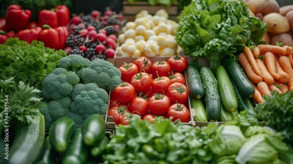  A display of various vegetables like broccoli, carrots, cucumbers, and more