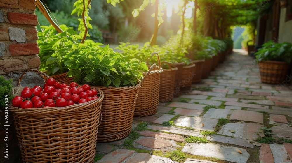  A row of baskets brimming with red tomatoes sits atop a stone floor adjacent to a brick wall and lush greenery