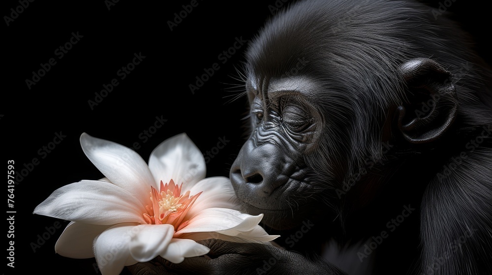  A monkey with a flower in its hand and another in the other hand