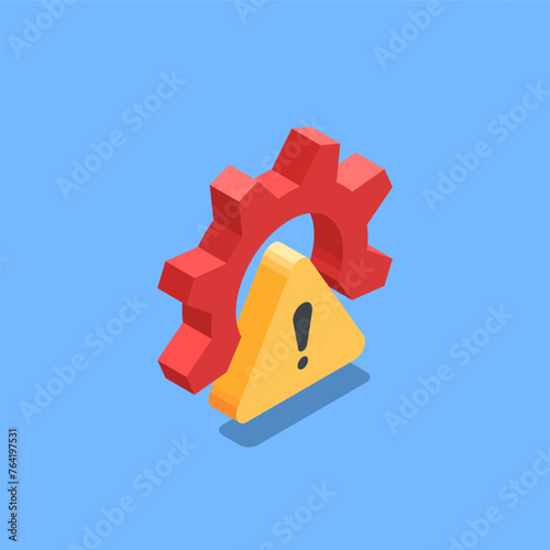 isometric vector gear and triangle sign with exclamation, in color on blue background, defect or malfunction or error