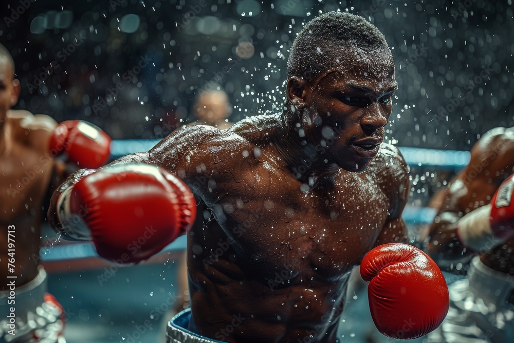 The raw power and determination of a boxer throwing a punch during an intense fight in the ring