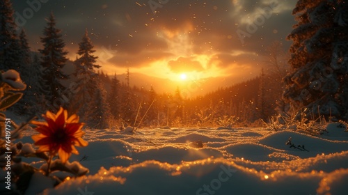  Sunset paints snowy landscape with pines, red flower in foreground