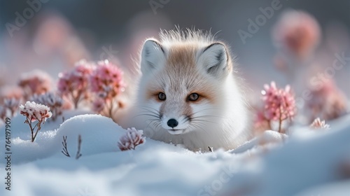  Close-up of a fox amidst a field of flowers, blanketed by snow Ground and flowers visible in the foreground