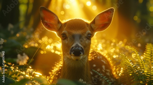  A deer in grass under sunlight through trees © Jevjenijs
