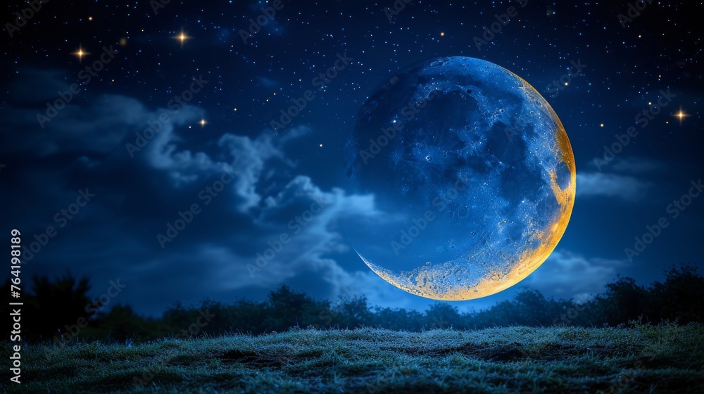  A stunning photo of a full moon with starry skies, set against a lush green grassy field with trees in the foreground