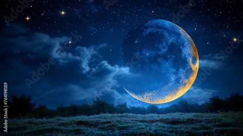  A stunning photo of a full moon with starry skies  set against a lush green grassy field with trees in the foreground