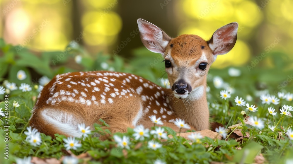  A young deer lying in a field of daisies, with trees blurred in the background