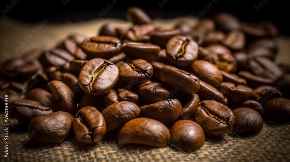 Fototapeta premium Pile of Coffee Beans on Burlap Sack 