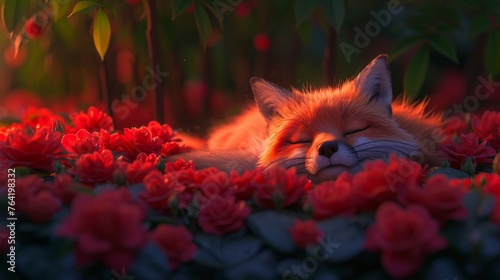  A photo of a feline resting amidst a field of blossoms, its eyelids shut tight photo