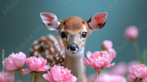  A deer grazes surrounded by pink blossoms against a blue backdrop