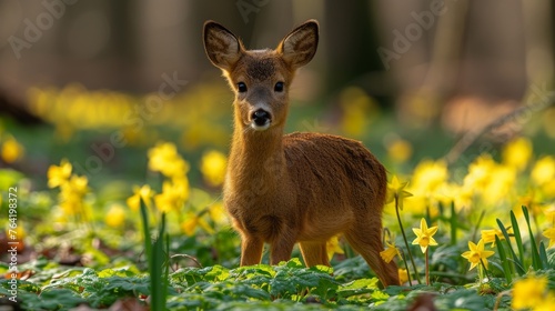  A deer amidst green grass and yellow flowers, surrounded by daffodils