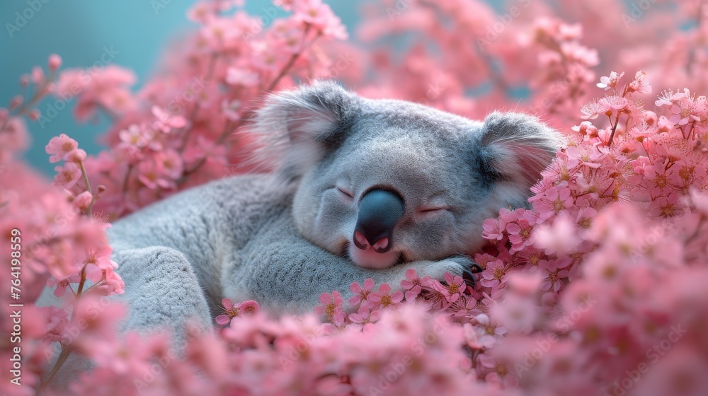 A photo of a koala resting on a tree, surrounded by pink blossoms and a clear blue sky A photo of a koala resting on a tree, surrounded by pink blossoms and a clear blue sky
