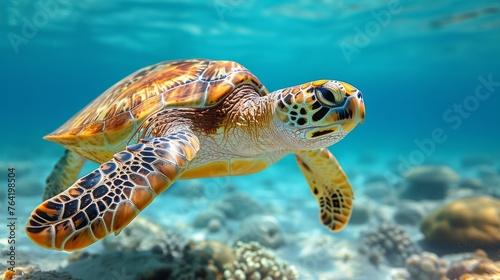  A close-up of a sea turtle swimming amidst corals and blue water on the ocean floor  with clear background