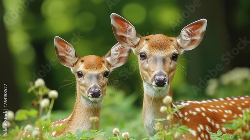  A pair of deer grazing in a verdant forest surrounded by multitudes of flowers © Jevjenijs