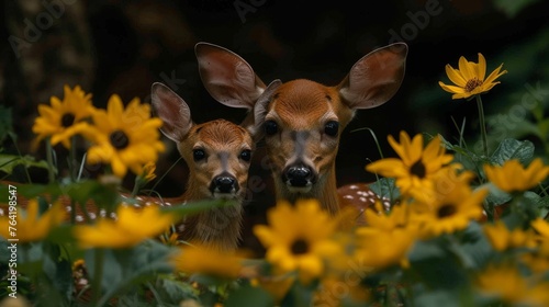  Two deer in fields of sunflowers and yellow flowers