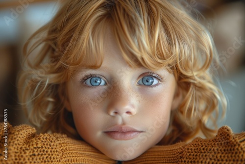Adorable child with curly blond hair and stunning blue eyes