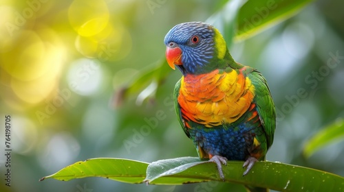  A colorful bird atop a green leaf-covered tree branch, adjacent to a lush, forest filled with leaves