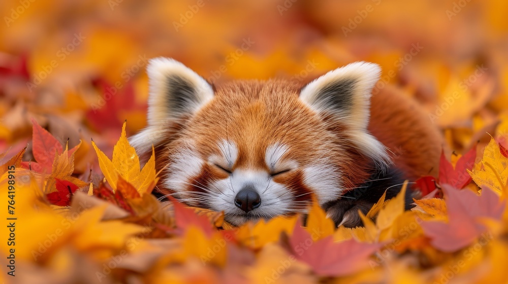 A close-up image of a red fox resting in a field of autumn leaves, with eyes shut and head leaning on the ground A close-up image of a red fox resting in a field of autumn leaves, with eyes shut and head leaning on the ground