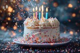 A captivating birthday cake with vibrant sprinkles and lit candles, eliciting a joyful celebration