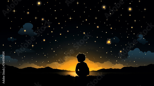 Silhouette of child boy sits under dark starry lights sky