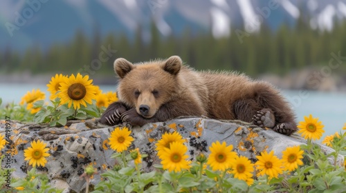  Brown bear on rock beside sunflower field, mountains in backdrop