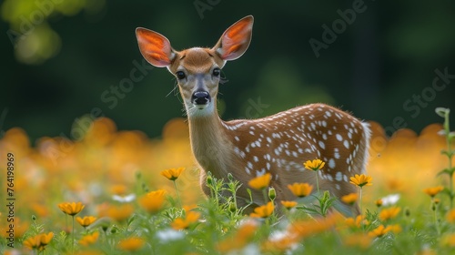  A young fawn in a field of vibrant flowers against a hazy backdrop of yellow and white blossoms