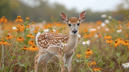  a young deer amidst a sea of vibrant wildflowers, with a crisp yellow and white backdrop