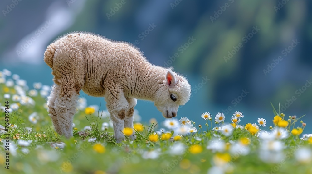 A stunning image of a lamb perched atop a verdant grassy knoll amidst a backdrop of shimmering water and vibrant flora A stunning image of a lamb perched atop a verdant grassy knoll amidst a backdrop of shimmering water and vibrant flora