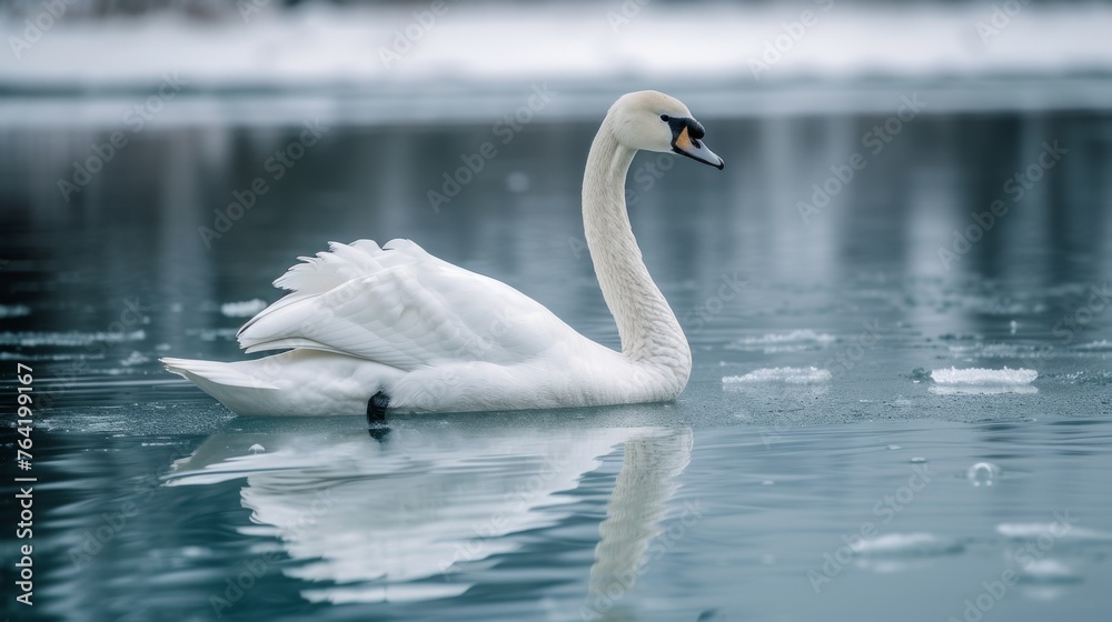 A white swan glides on top of water beside floating ice sheets A white swan glides on top of water beside floating ice sheets