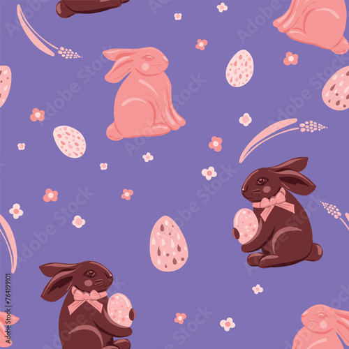 Easter Seamless Pattern. Chocolate bunnies and eggs. Easter illustration. Easter vector background in a pastel colores.
