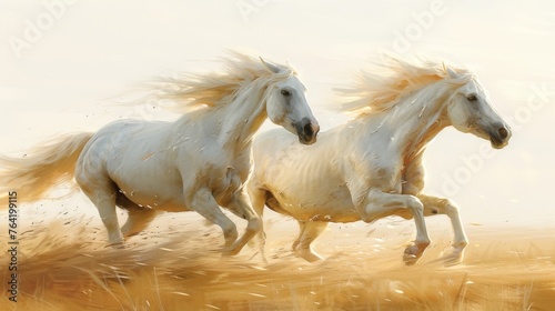  A two-horse painting in grassy field against light sky © Jevjenijs